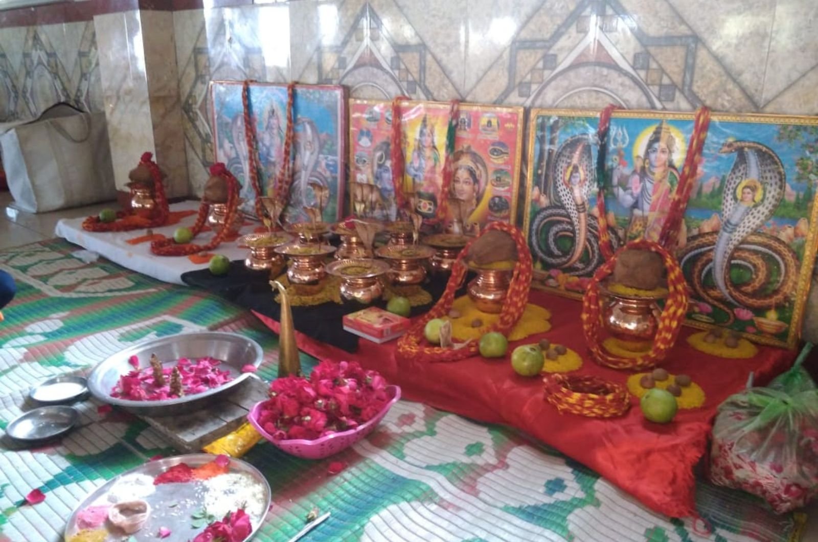 Puja materials arranged for a Vedic ceremony